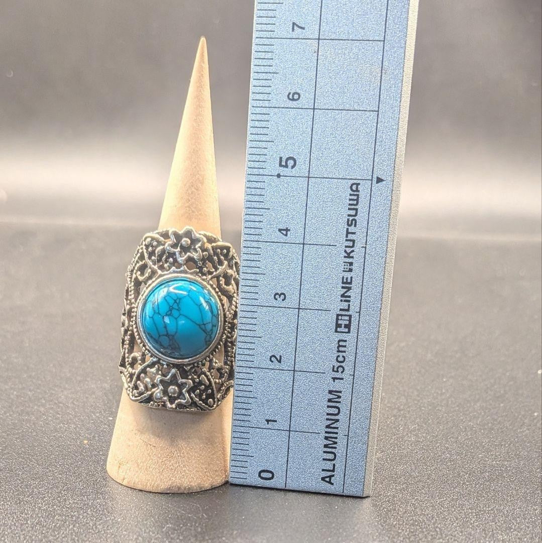 [Antique Style] Flower Motif Turquoise Square Openwork Ring