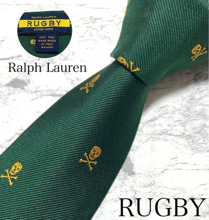 Ralph Lauren Rugby Skull Crossbones Green Silk Necktie Rare Discontinued Mint