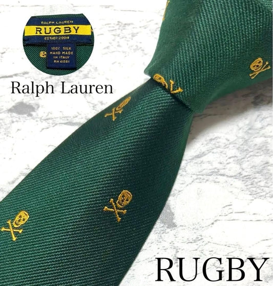 Ralph Lauren Rugby Skull Crossbones Green Silk Necktie Rare Discontinued Mint