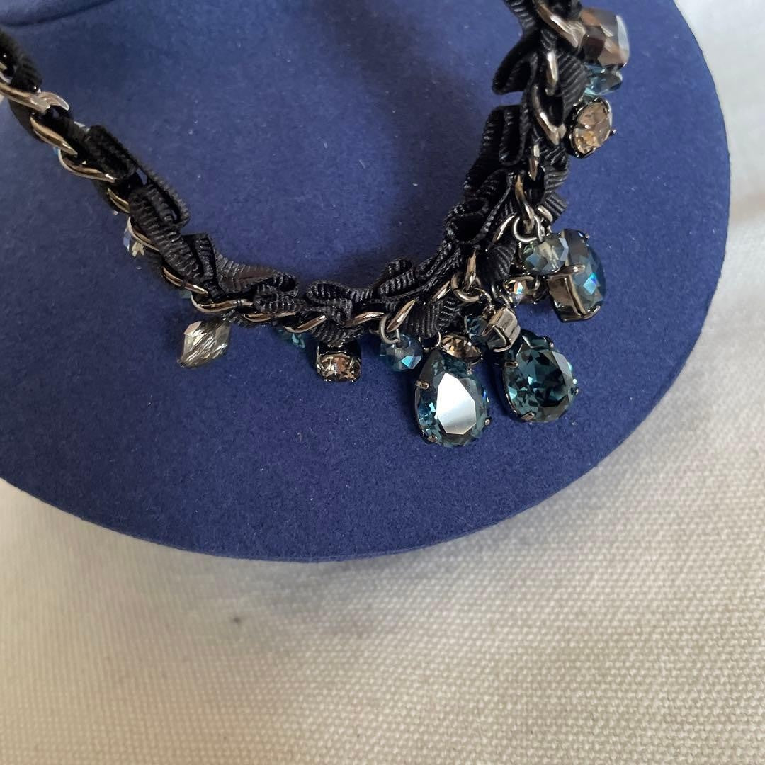 LANVIN Blue Stone Necklace Black Ribbon Elegant Designer Jewelry From Japan Rare