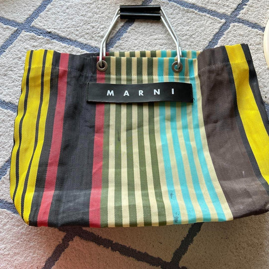 Used MARNI Flower Cafe Shopping Tote Bag Beige Khaki Multi Nylon
