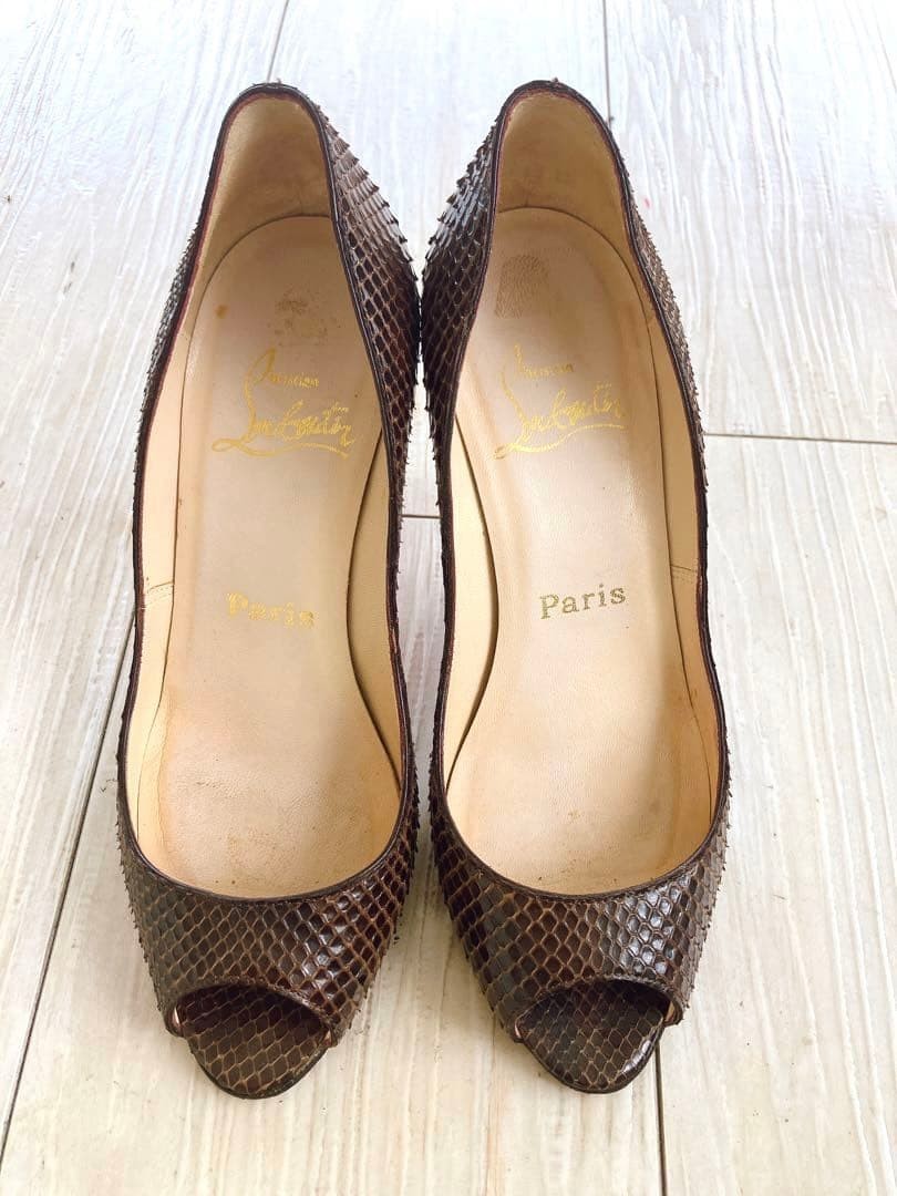 Christian Louboutin Open Toe Python Pumps Size 35 (US 5) Brown Designer Heels