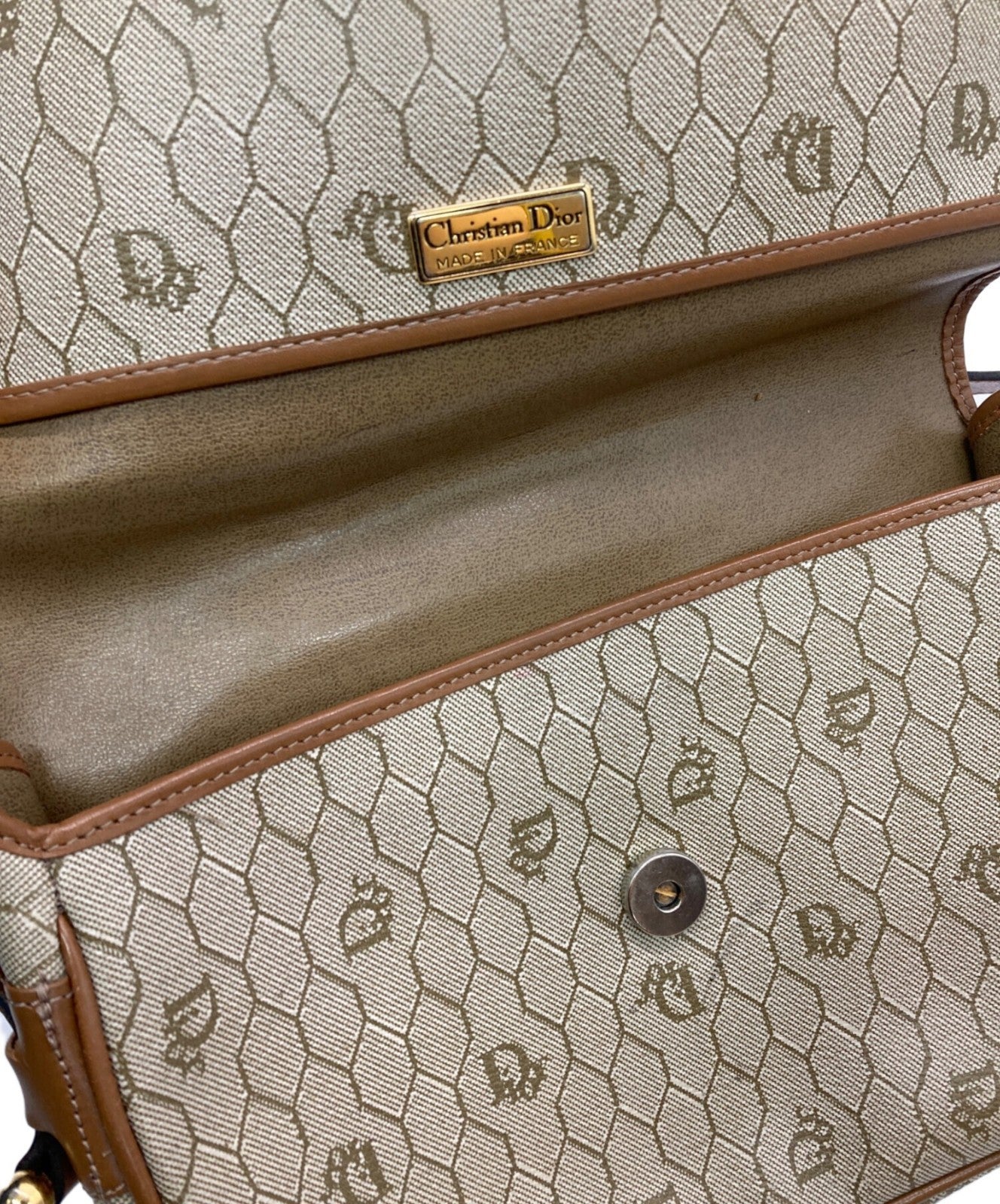 Dior Honeycomb Shoulder Crossbody Bag Beige Canvas Leather Vintage Auth 1121