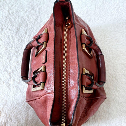 Chloe Ethel Handbag Red Orange Leather Logo Plate Top Handle No Strap Authentic