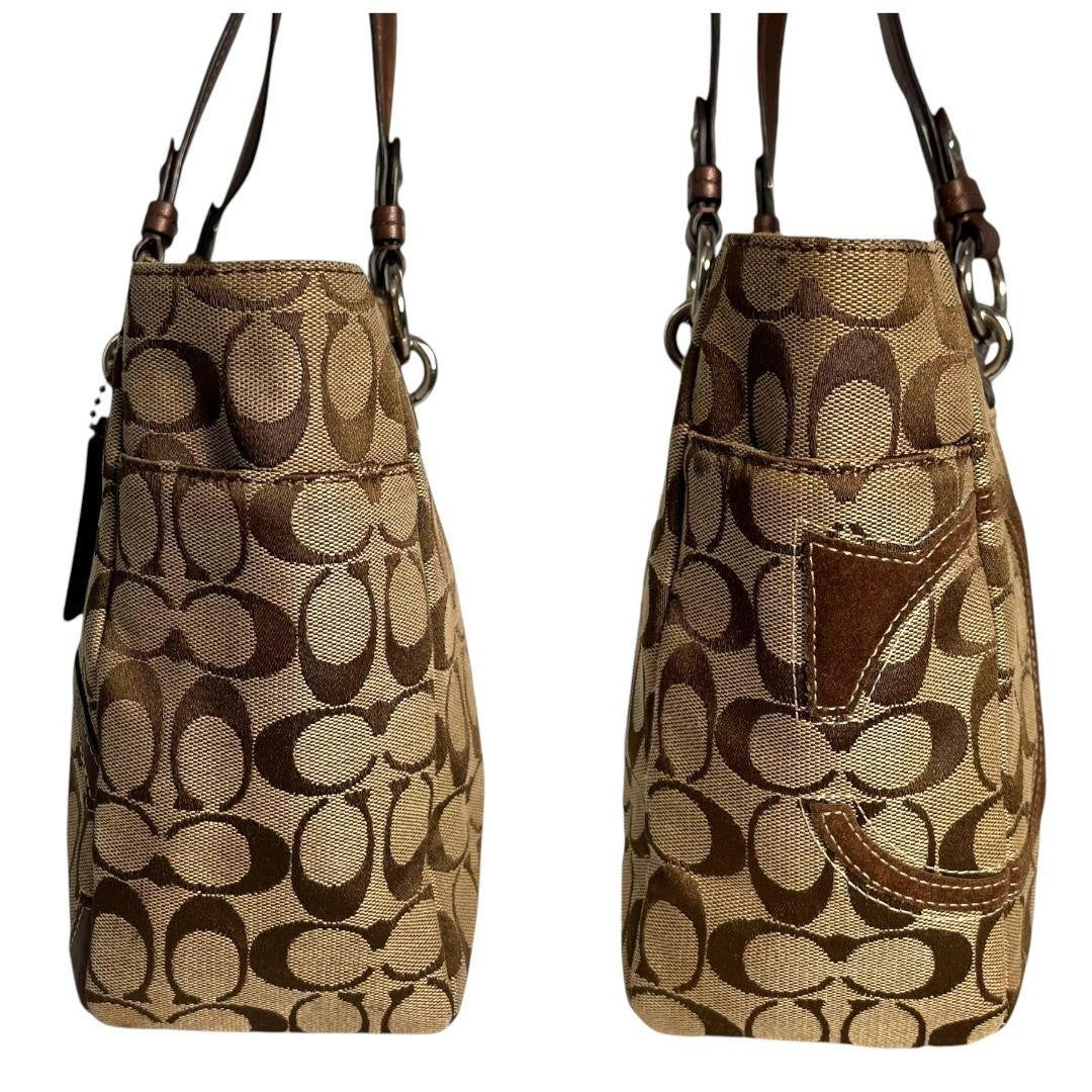 Coach Brown Signature Canvas Leather Patchwork Tote Bag with Silver Hardware