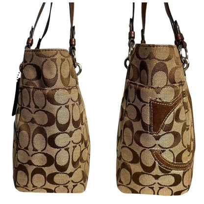 Coach Brown Signature Canvas Leather Patchwork Tote Bag with Silver Hardware