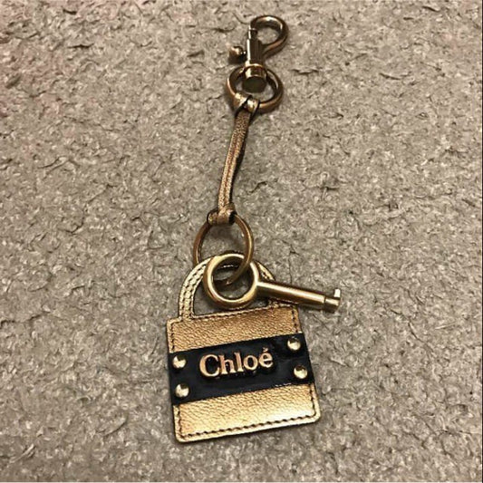 Authentic Chloe Women's Accessory Key shape Keychain Bag Charm Gold Black Logo