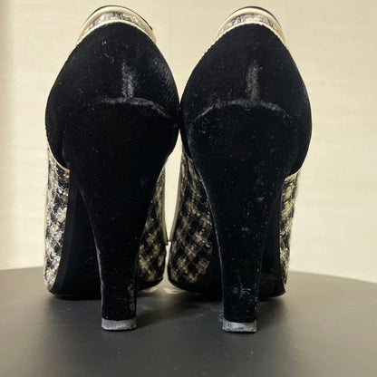 CHANEL Shoes Pumps Heel EU 36 US 6 Tweed Black White Authentic