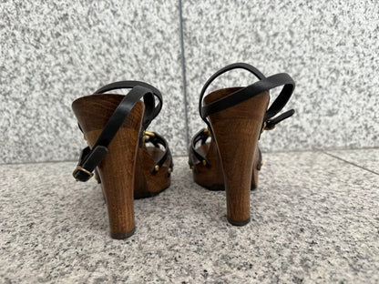 DOLCE & GABBANA Wood Sole Gold Studded Sandals Black Leather Women Size 35