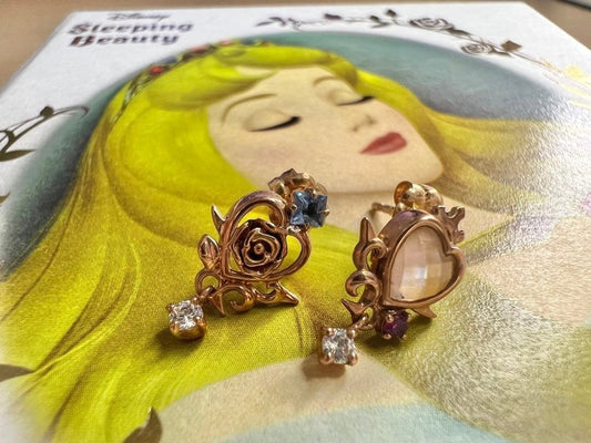 Disney TAKE-UP Princess Aurora Earrings Pink Gold K10 K18PG Asymmetrical Design