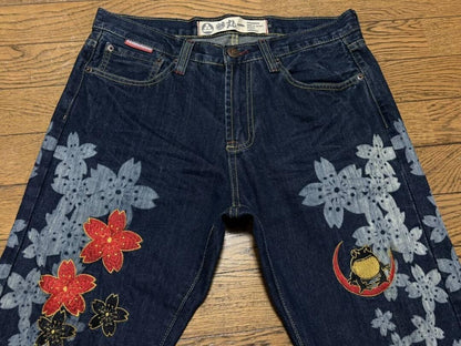 Used SANMARUICHI Denim Jeans Pants Sakura Floral Embroidered Blue Size 32 Ex+