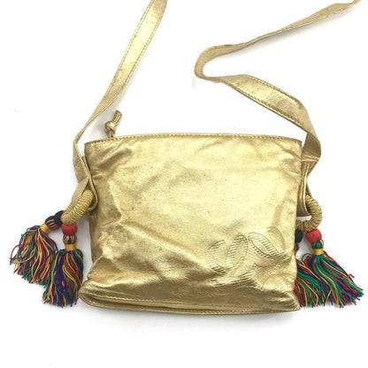 Authenticated LOEWE Nappa Flamenco Tassel Crossbody Gold Leather Bag Good