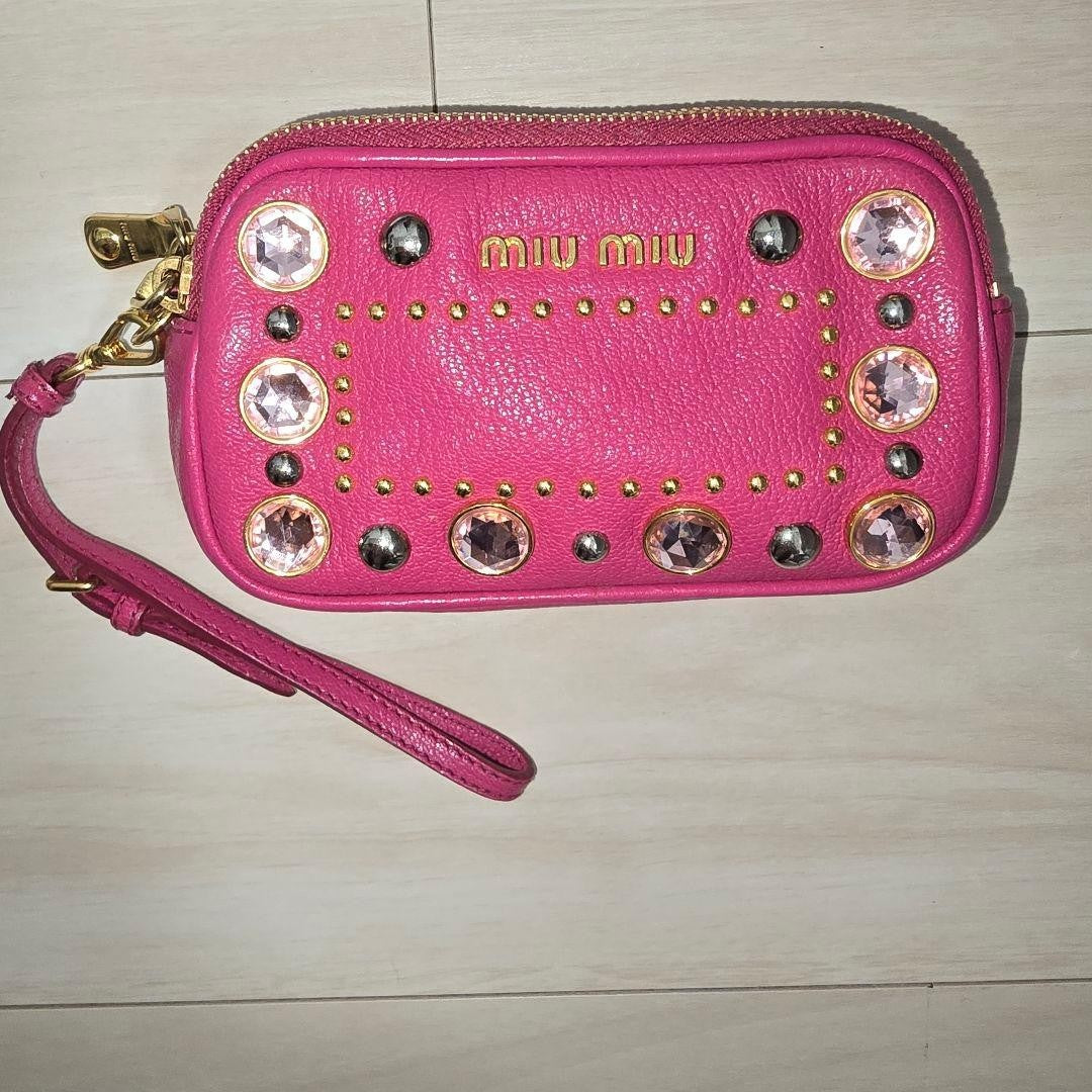 MIU MIU Pink leather mini poach Woman's Ladies studs stone authentic zip JAPAN