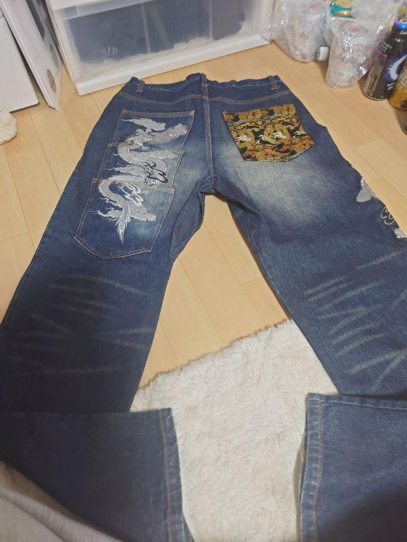 Kacho Fugetsu Men's Denim Jeans Pants Dragon Ryu Embroidered Blue Size 34