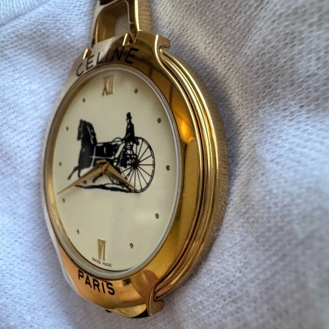 Ultra Rare CELINE Horse Carriage Gold Quartz Pocket Watch Vintage Authentic