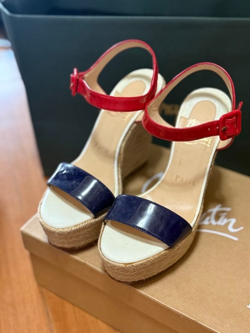 Rare Christian Louboutin Wedge Espadrille Sandals Navy Red Size 35