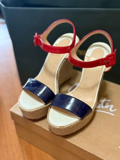 Rare Christian Louboutin Wedge Espadrille Sandals Navy Red Size 35