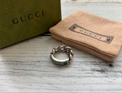 Gucci Gourmet Chain Ring, Turquoise Blue 925 Sterling Silver