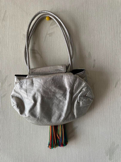 LOEWE Fringe Shoulder Bag Leather Silver tone Auth 99979