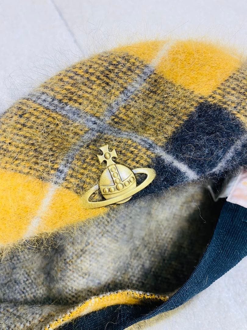Vivienne Westwood Beret Wool Angora Blend Hat pompom yellow beige check Used
