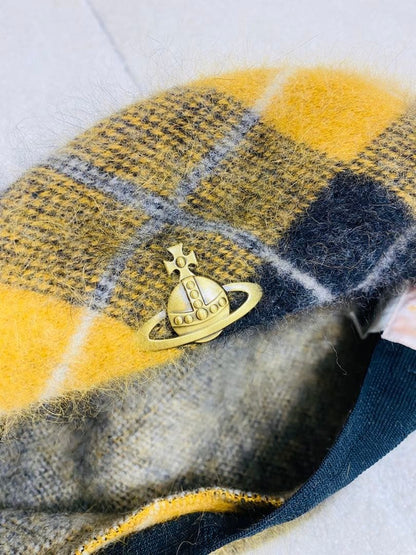 Vivienne Westwood Beret Wool Angora Blend Hat pompom yellow beige check Used