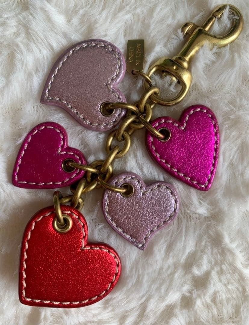 COACH 5 Hearts Charm Keychain Red Pink Leather 2014 Valentine Rare