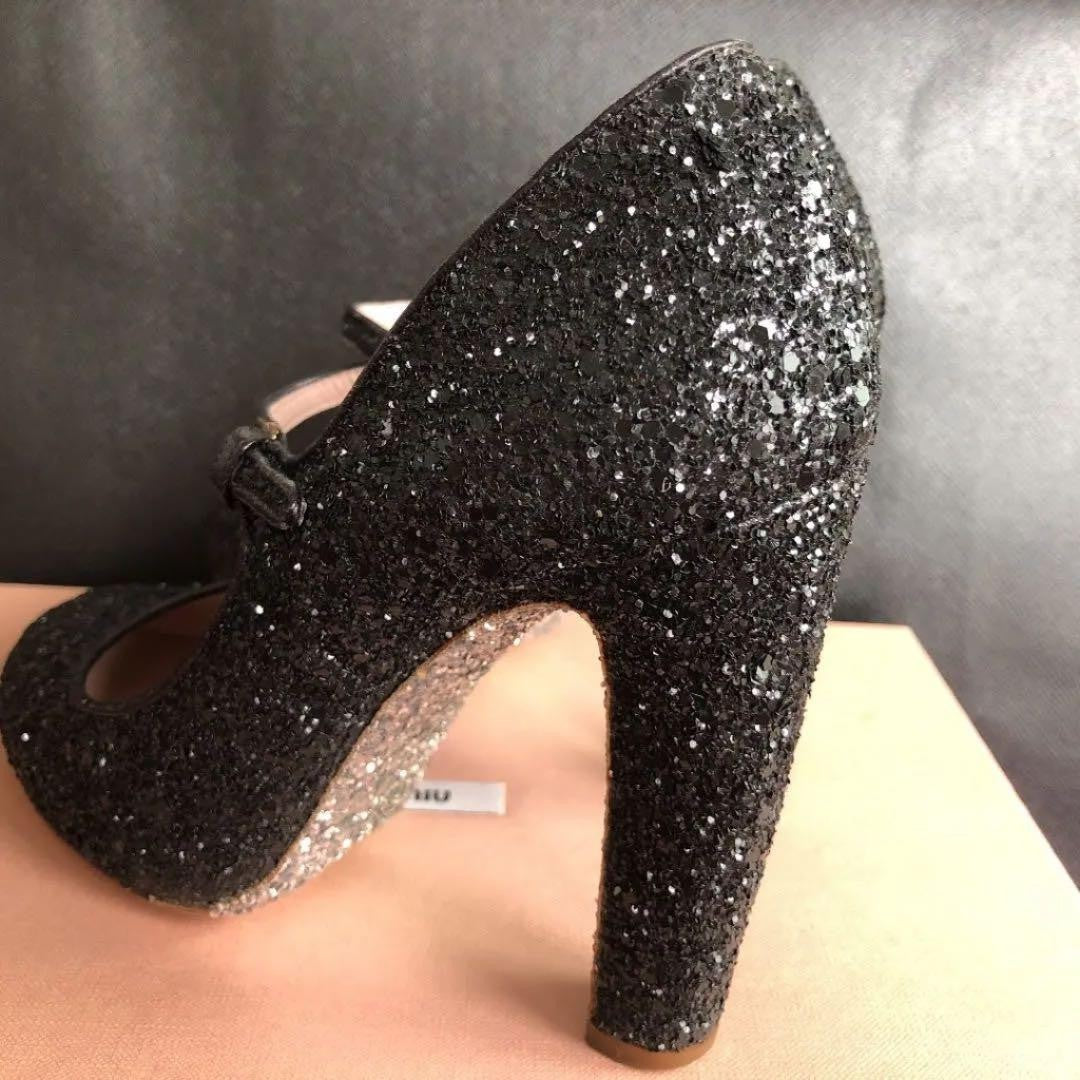 Rare Miu Miu Glitter Heels Black Silver 11cm Chunky Heel Size 37 EU Italy Luxury