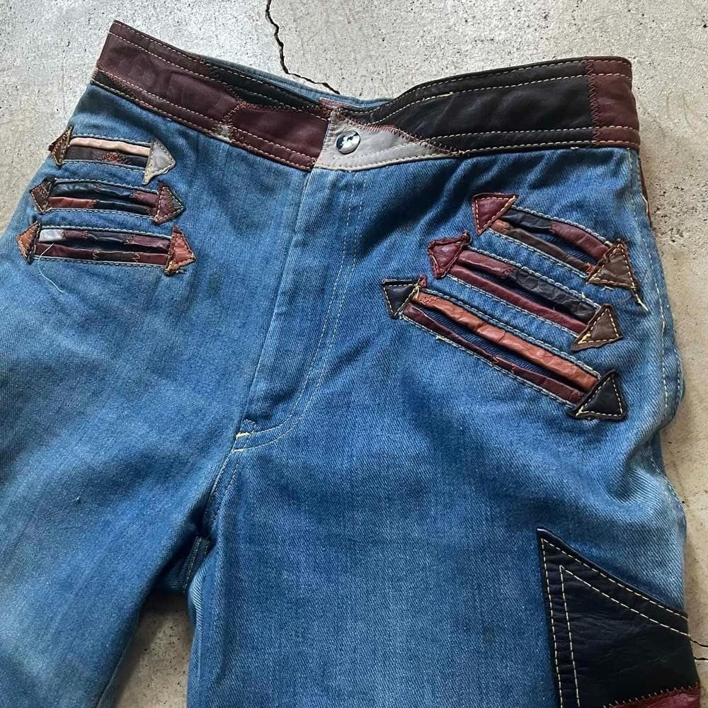 60S-70S Aura Vintage Patchwork Leather Bell Bottom/Jeans Denim Boot Cut East Wai