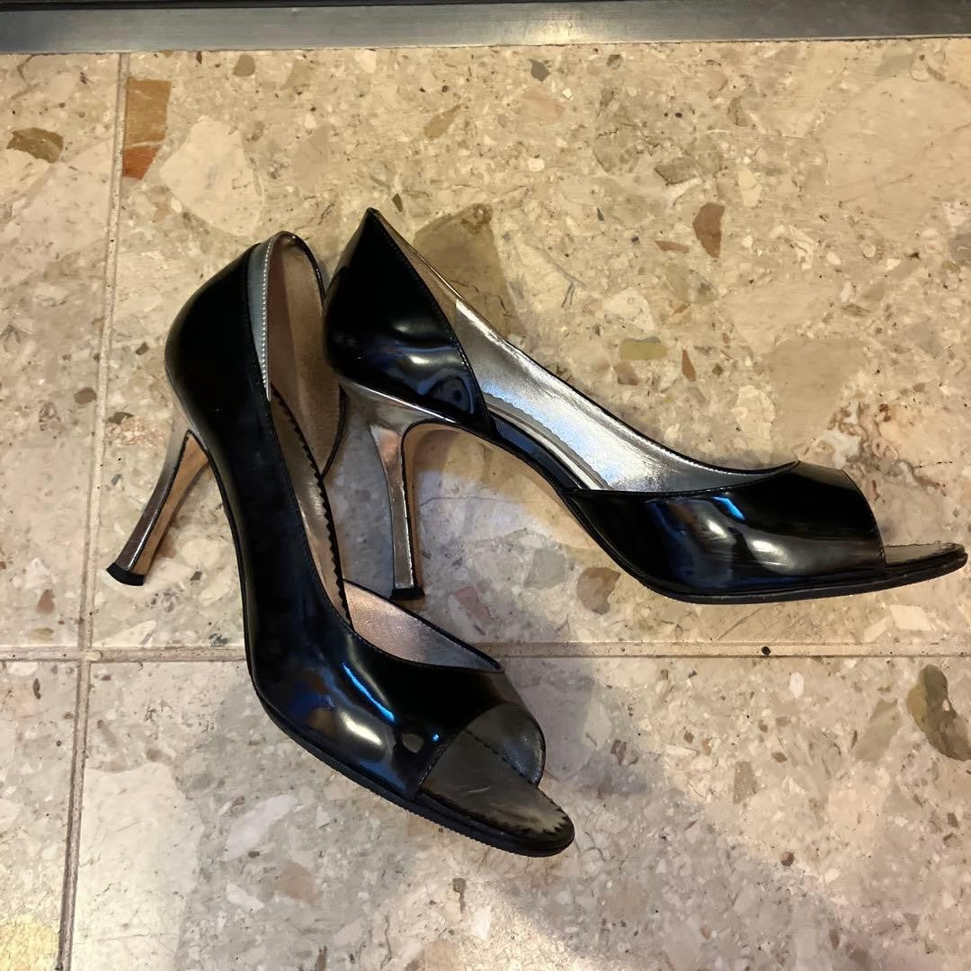 Rare Manolo Blahnik Open Toe Heels Size EU36 / US6 Black Silver Pin Heels Pumps
