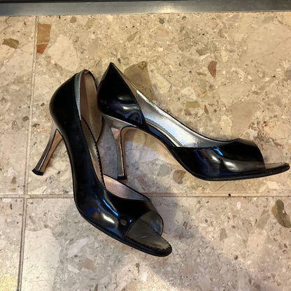 Rare Manolo Blahnik Open Toe Heels Size EU36 / US6 Black Silver Pin Heels Pumps