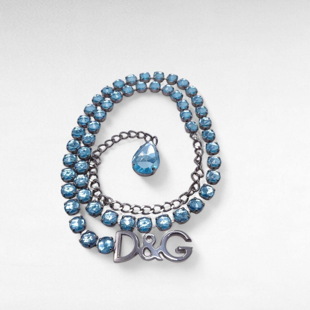 DOLCE & GABBANA Blue Rhinestone Chain Belt Silver Logo Buckle Women Size 101cm