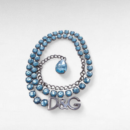 DOLCE & GABBANA Blue Rhinestone Chain Belt Silver Logo Buckle Women Size 101cm