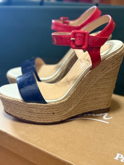 Rare Christian Louboutin Wedge Espadrille Sandals Navy Red Size 35