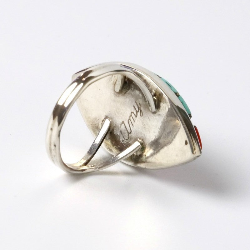 Amy Wesley Zuni Ring: Turquoise & Coral Inlay Friendship Motif. US Size 6.5.