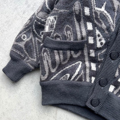 VINTAGE LONGHOUSE Thick Knit Cardigan Sweater Black L