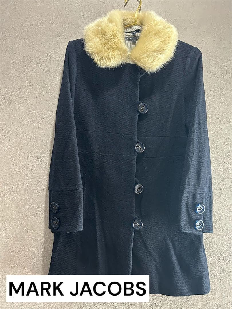 MARK JACOBS Wool Nylon Coat Dark Navy Lined Fur Size 6 MJ1225094