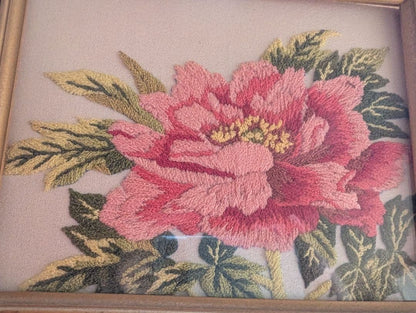 Hand-embroidered Peony Artwork Framed in a Tea-Colored Frame with Surface Glass