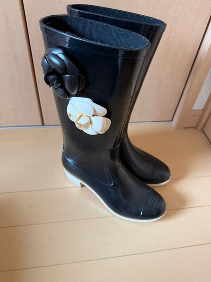 CHANEL Camellia Coco Mark Rain Boots Black Rubber Flower Logo Size EU36 used