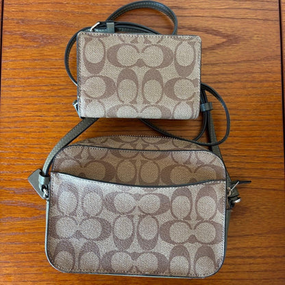COACH Canvas Shoulder Bag and Wallet Set Brown Adjustable Strap Authentic