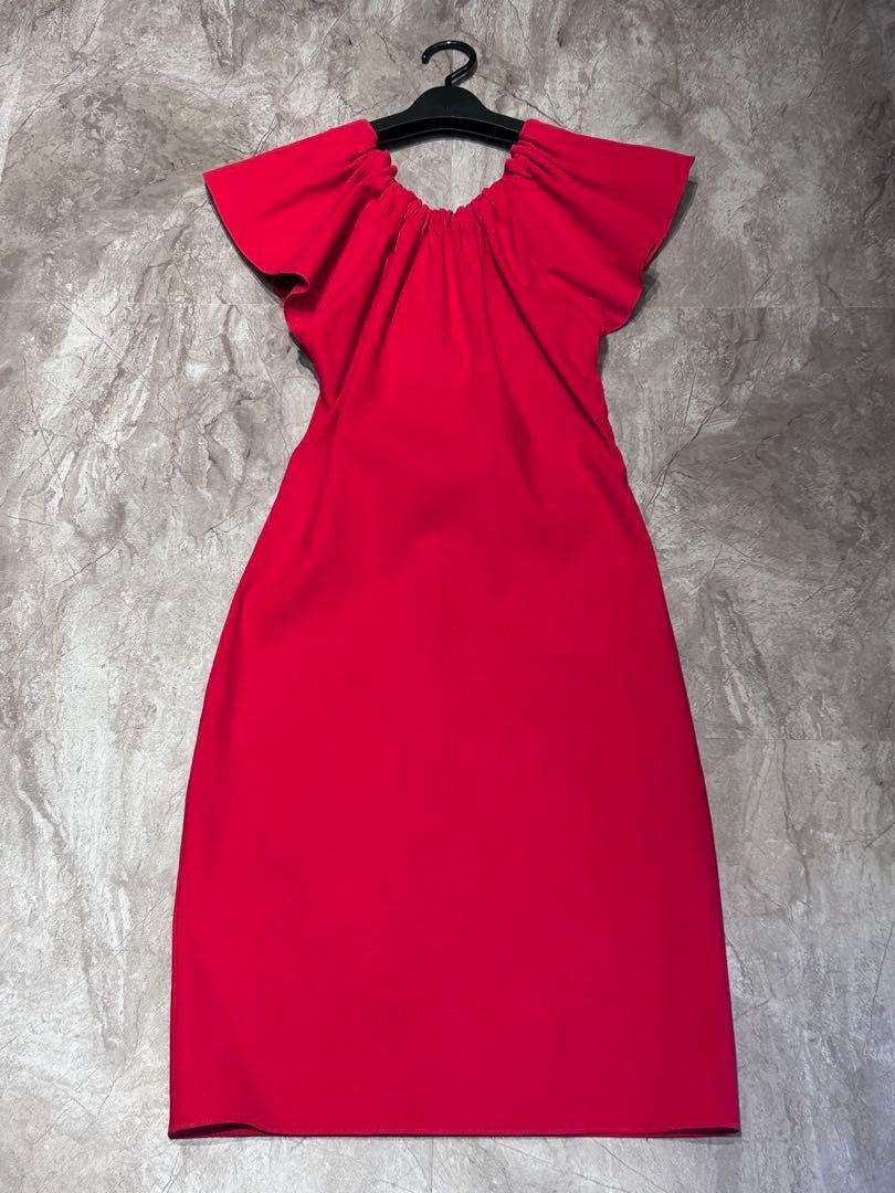 LANVIN Red Ruffle Knee-Length Dress Size 34 Length 35 Inches