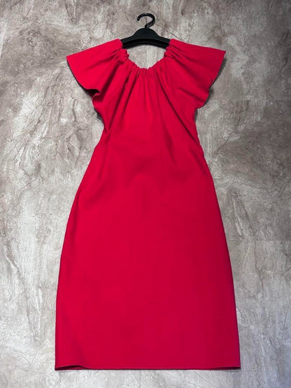 LANVIN Red Ruffle Knee-Length Dress Size 34 Length 35 Inches
