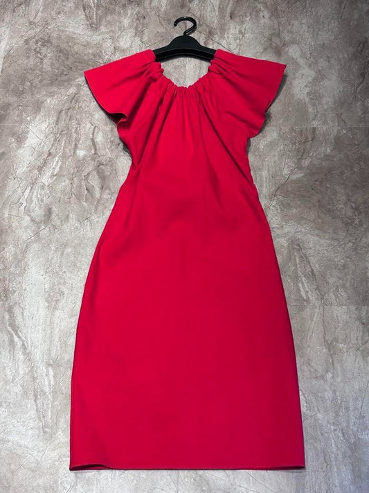 LANVIN Red Ruffle Knee-Length Dress Size 34 Length 35 Inches