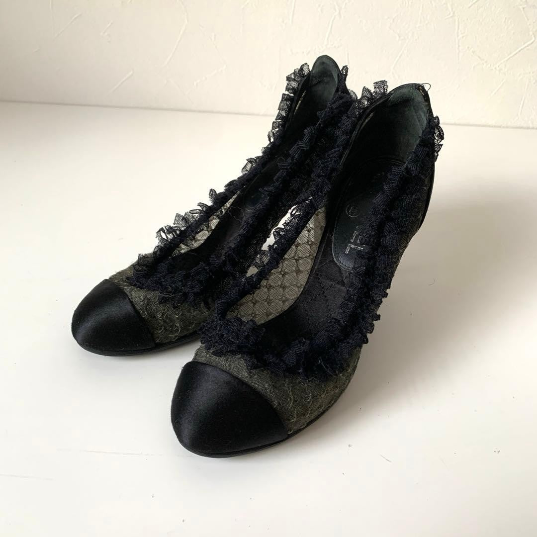 CHANEL Coco Mark Satin Lace Mesh Pumps US6 Made in Italy From Japan y7843