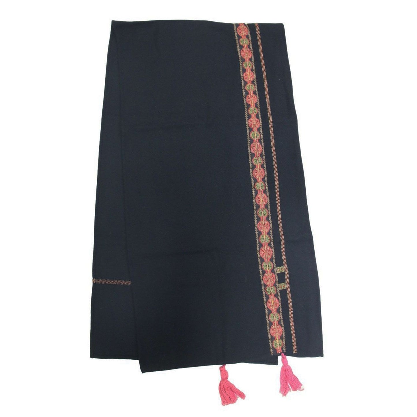 DRIES VAN NOTEN Stole Black/Wool Ethnic Pattern Embroidered Stole/Fringed
