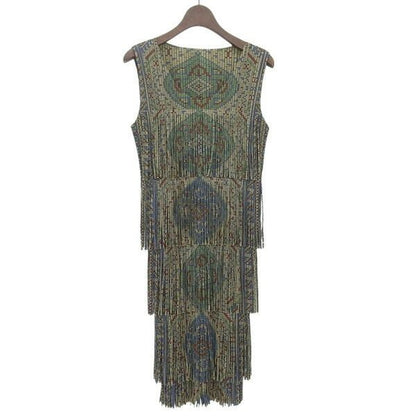 Pleats Please Issey Miyake Dress Tiered Fringe Pleated Size 3 Multi-Pattern