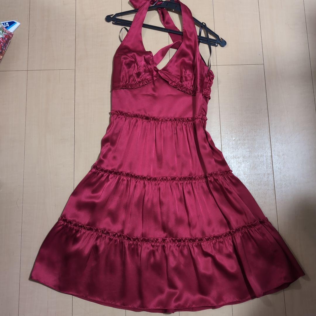 Betsey Johnson Satin Halter Mini Dress Red Ruffle Detail Elegant Party Style M