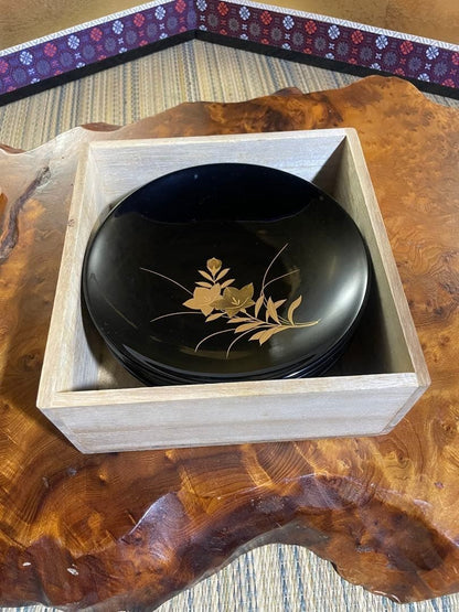 Wajima Lacquer Chinkin Black Dessert Plates Set of 5 by Miyakita with Box