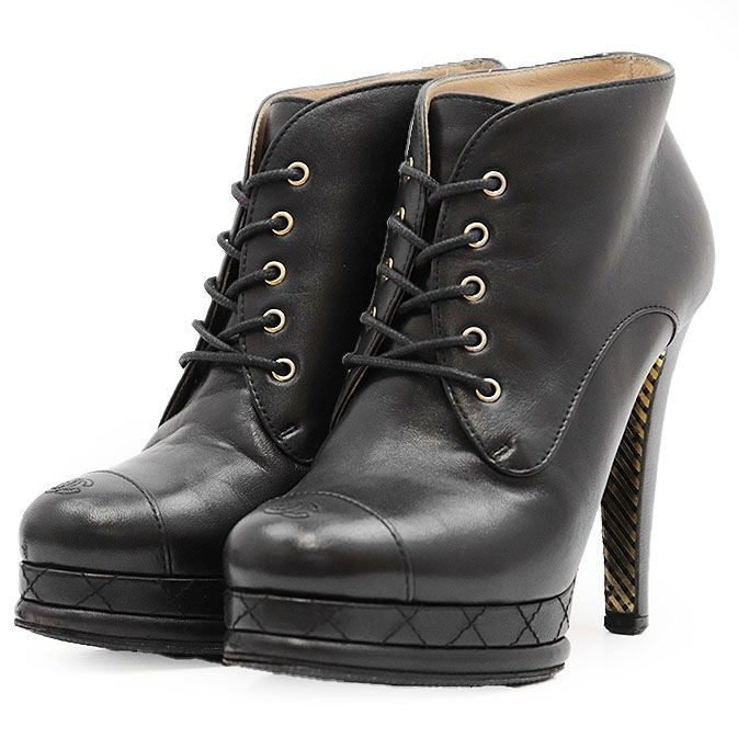 CHANEL Boots High Heels G28406 COCOMark Logo Lace-up Women Size 36 1/2 Black