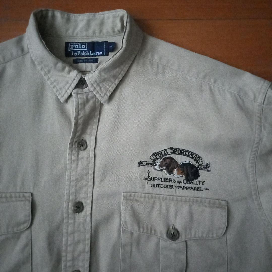 POLO by Ralph Lauren M Chino Shirt Hunting Dog Embroidery Beige Vintage EX