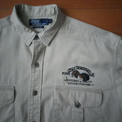 POLO by Ralph Lauren M Chino Shirt Hunting Dog Embroidery Beige Vintage EX